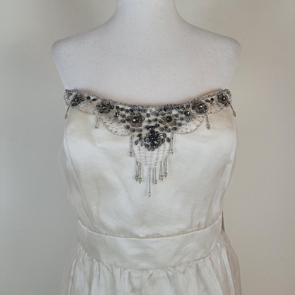 Badgley Mischka Dress‎ 14 Champagne Beaded Strapless Satin Bubble Hem Cocktail - Picture 2 of 13